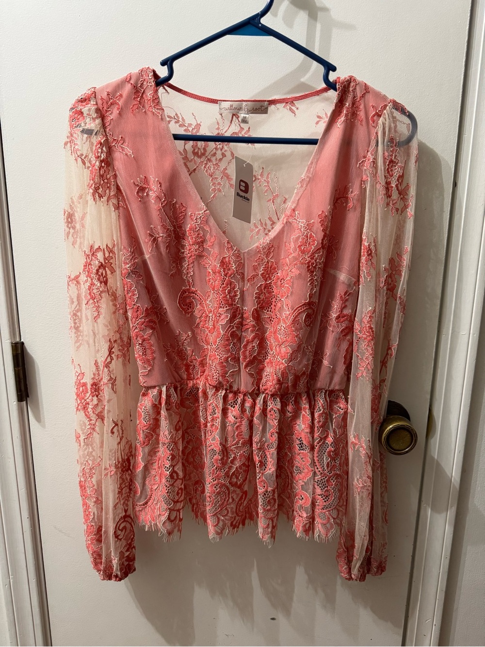 Coral Lace Peplum Blouse with Sheer Sleeves - Women Tops